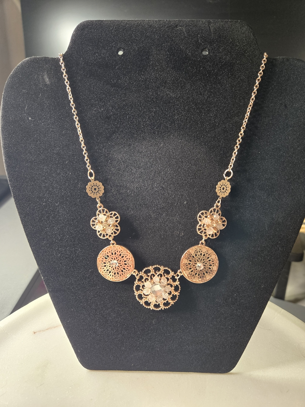 Rose Gold Filigree Floral Medallion Statement Necklace NWT